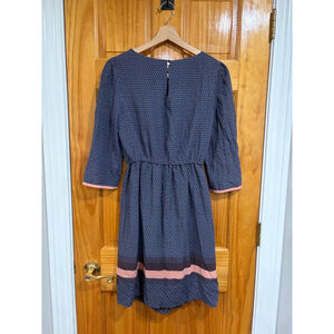 New Boden Blue Printed Midi Dress Pink Trim 3/4 Sleeve Viscose Lined US 4 R
